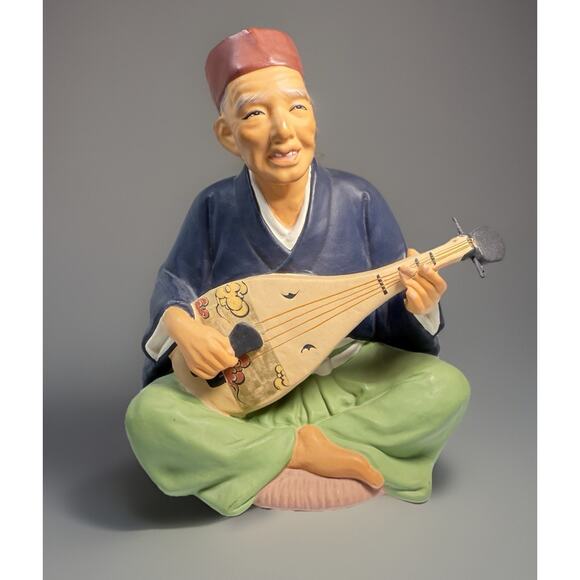 Vtg Hakata Urasaki Dolls Japan Clay Figurine Man Playing Biwa Lute 8" Handpaint - Picture 1 of 8